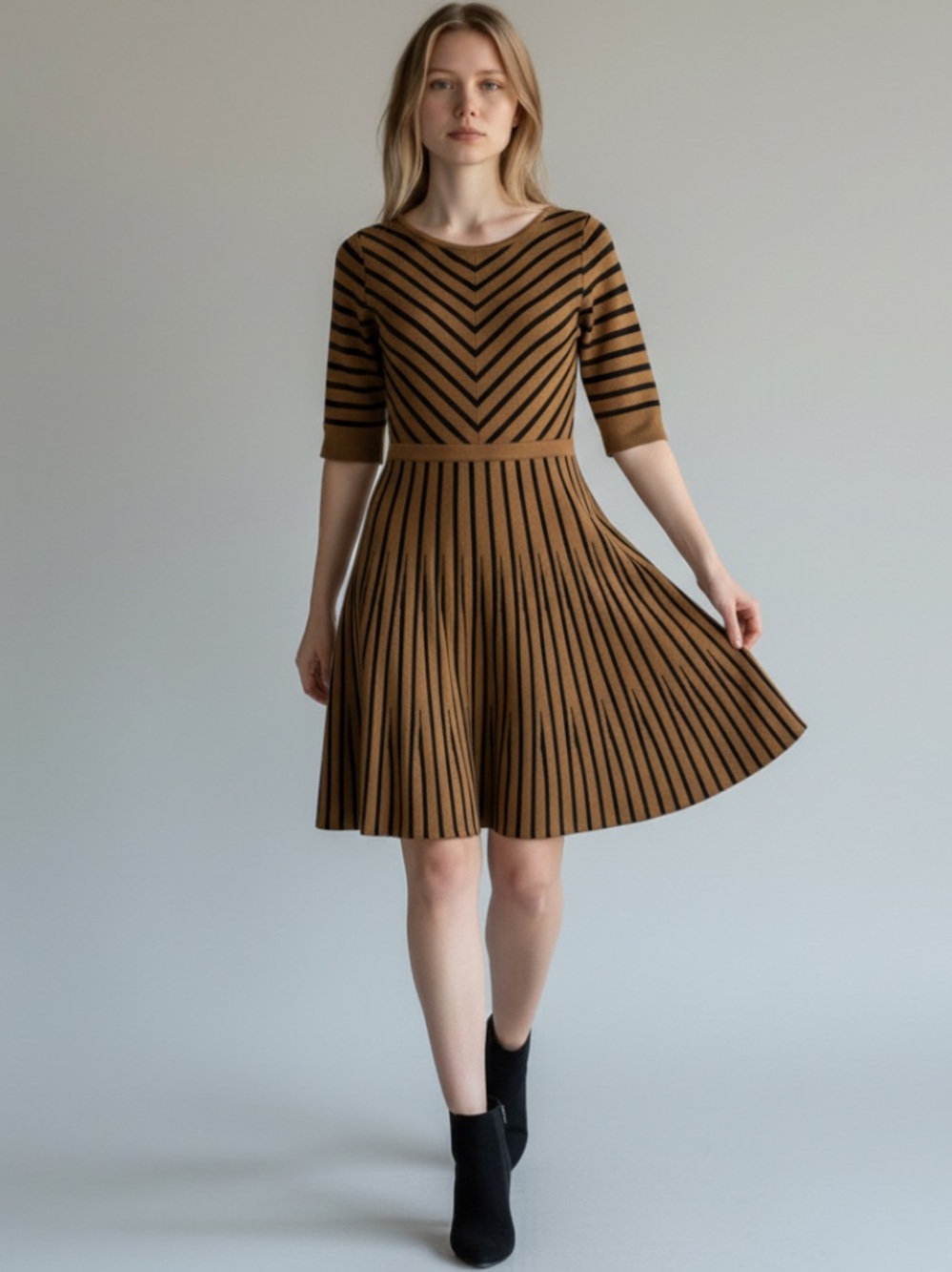 Boden, Striped Fit-and-Flare Knit Dress, Brown, 10